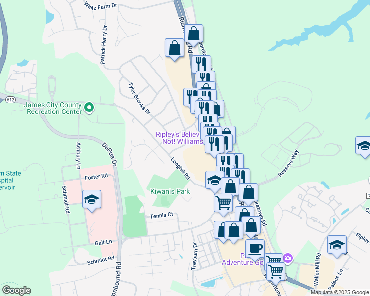 map of restaurants, bars, coffee shops, grocery stores, and more near 108 Thomas Nelson Lane in Williamsburg