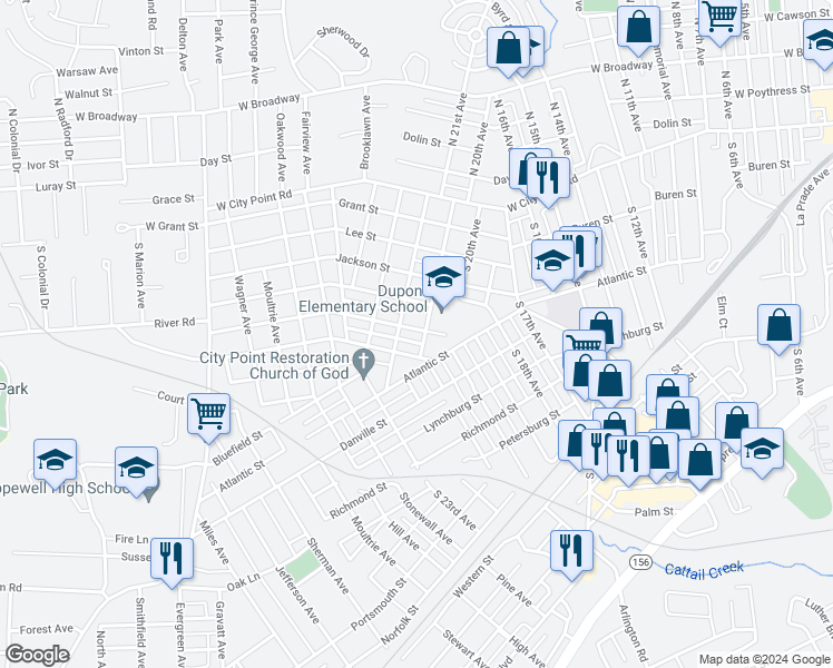 map of restaurants, bars, coffee shops, grocery stores, and more near 2102 Gordon Street in Hopewell