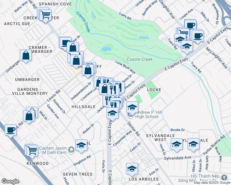 map of restaurants, bars, coffee shops, grocery stores, and more near 3146 Yuma Drive in San Jose