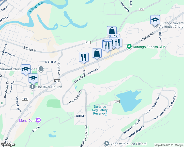 map of restaurants, bars, coffee shops, grocery stores, and more near 2906 Richard Drive in Durango