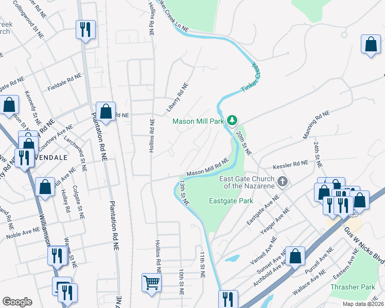 map of restaurants, bars, coffee shops, grocery stores, and more near 2242 Overlook Road Northeast in Roanoke