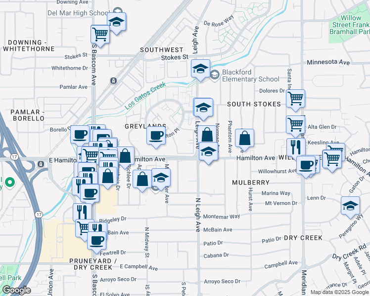 map of restaurants, bars, coffee shops, grocery stores, and more near in Campbell