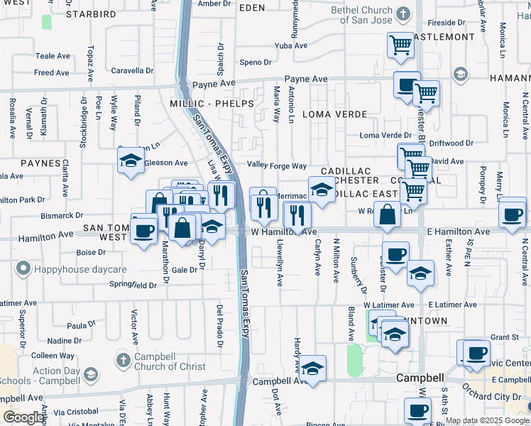 map of restaurants, bars, coffee shops, grocery stores, and more near 400 Millich Drive in Campbell