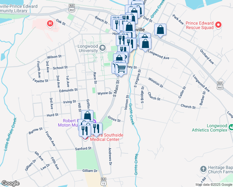 map of restaurants, bars, coffee shops, grocery stores, and more near 621-799 S Main St in Farmville