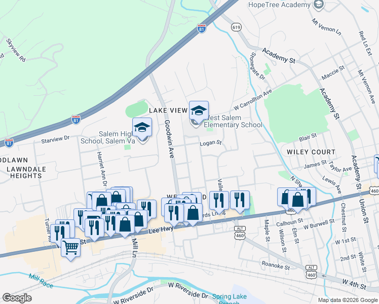 map of restaurants, bars, coffee shops, grocery stores, and more near 403 Bruffey Street in Salem