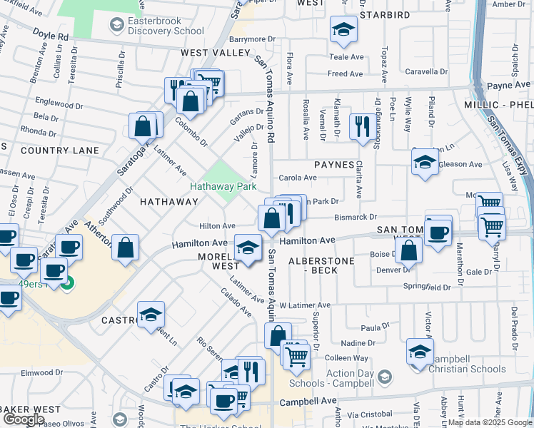 map of restaurants, bars, coffee shops, grocery stores, and more near 411 San Tomas Aquino Road in San Jose