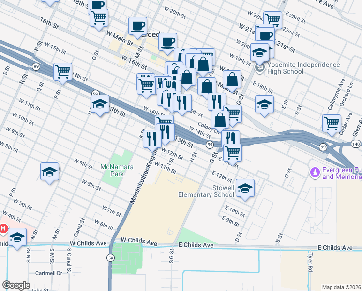 map of restaurants, bars, coffee shops, grocery stores, and more near 153 West 12th Street in Merced