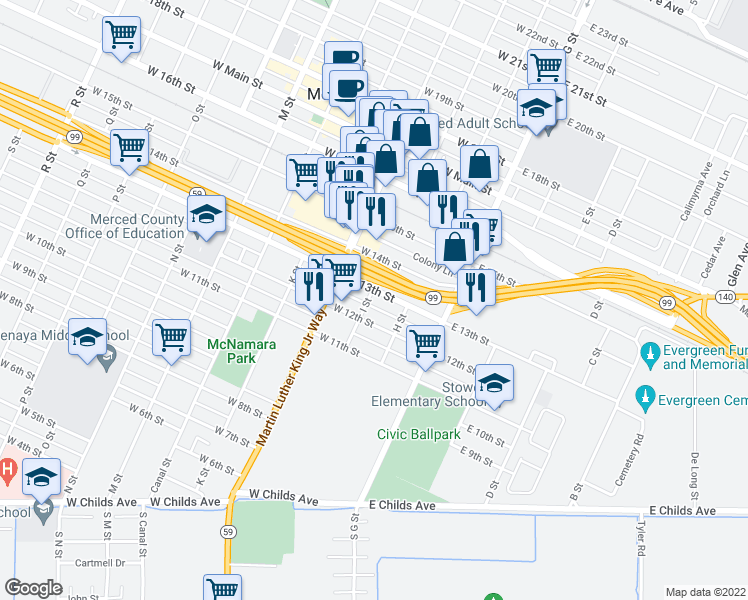 map of restaurants, bars, coffee shops, grocery stores, and more near in Merced