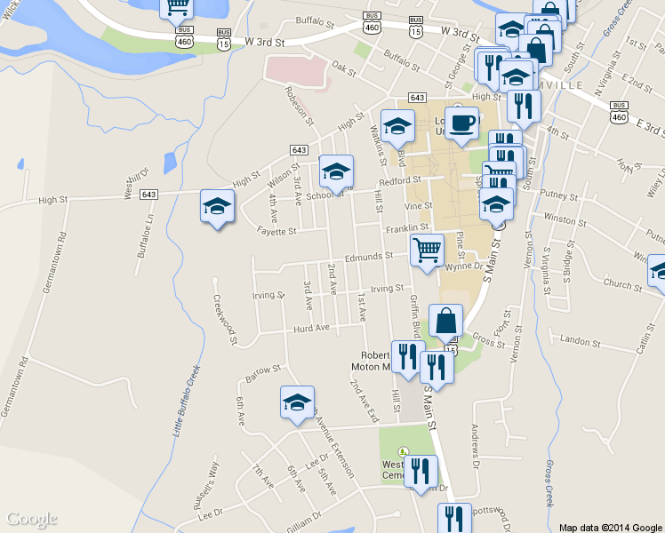 map of restaurants, bars, coffee shops, grocery stores, and more near 618 2nd Avenue in Farmville