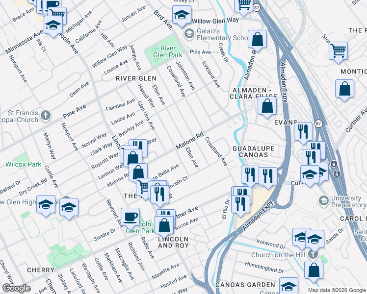 map of restaurants, bars, coffee shops, grocery stores, and more near 2085 Ellen Avenue in San Jose