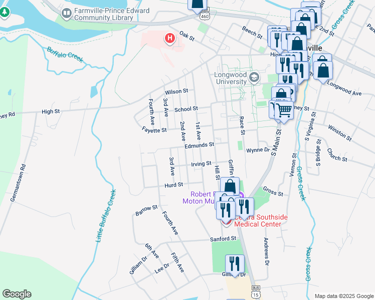 map of restaurants, bars, coffee shops, grocery stores, and more near 618 2nd Avenue in Farmville