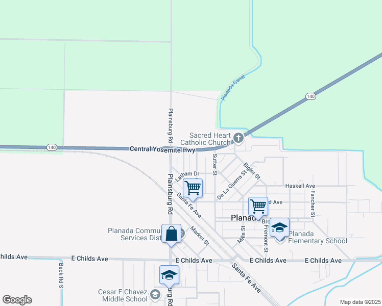 map of restaurants, bars, coffee shops, grocery stores, and more near 9095 California 140 in Planada