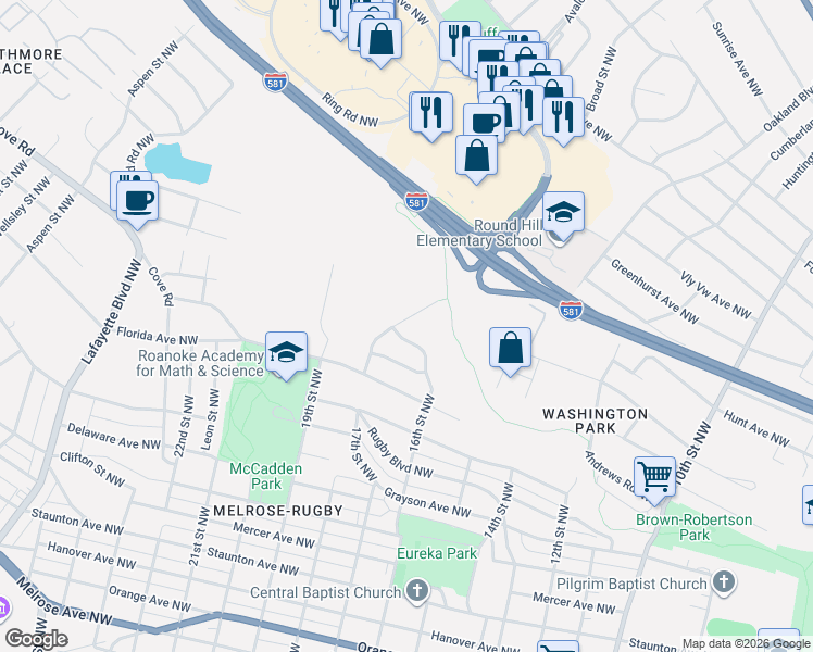 map of restaurants, bars, coffee shops, grocery stores, and more near 1570 16th Street Northwest in Roanoke