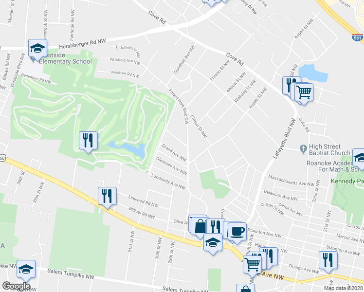 map of restaurants, bars, coffee shops, grocery stores, and more near 2910 Glendale Avenue Northwest in Roanoke