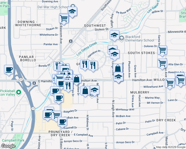 map of restaurants, bars, coffee shops, grocery stores, and more near 2025 Hamilton Avenue in San Jose