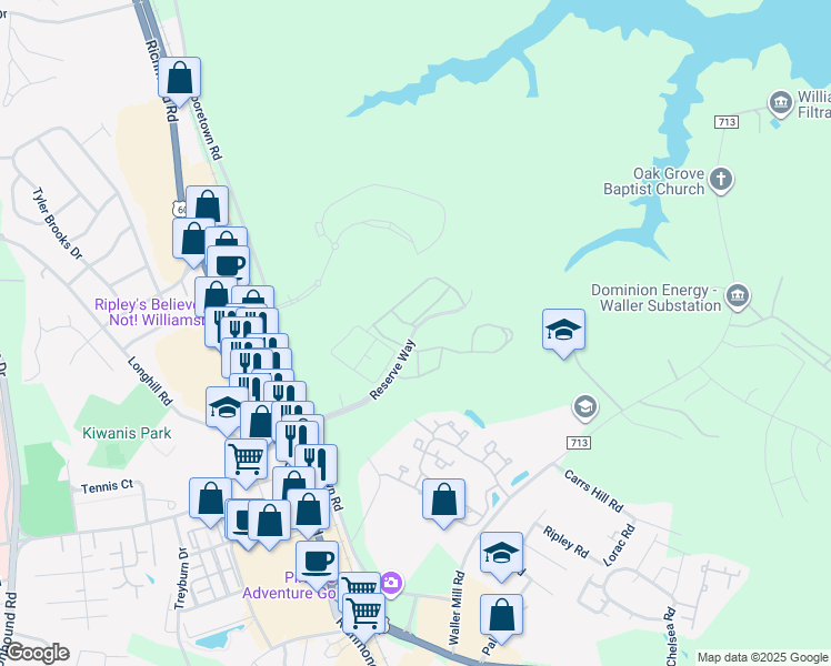 map of restaurants, bars, coffee shops, grocery stores, and more near 101 Caroline Circle in Williamsburg