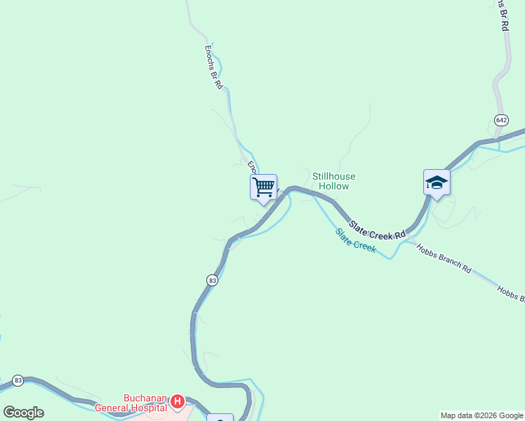 map of restaurants, bars, coffee shops, grocery stores, and more near Slate Creek Road in Grundy