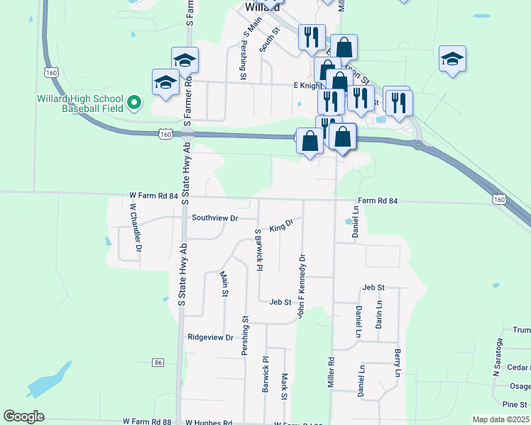map of restaurants, bars, coffee shops, grocery stores, and more near 604 South Barwick Place in Willard
