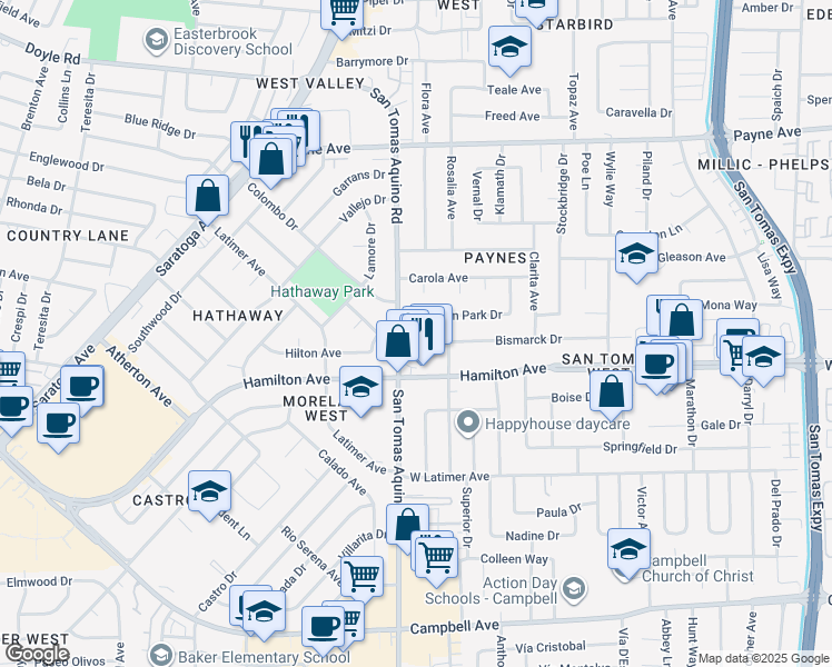 map of restaurants, bars, coffee shops, grocery stores, and more near 1560 San Tomas Aquino Road in San Jose