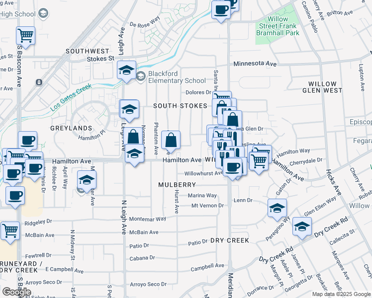 map of restaurants, bars, coffee shops, grocery stores, and more near 1776 Keesling Avenue in San Jose