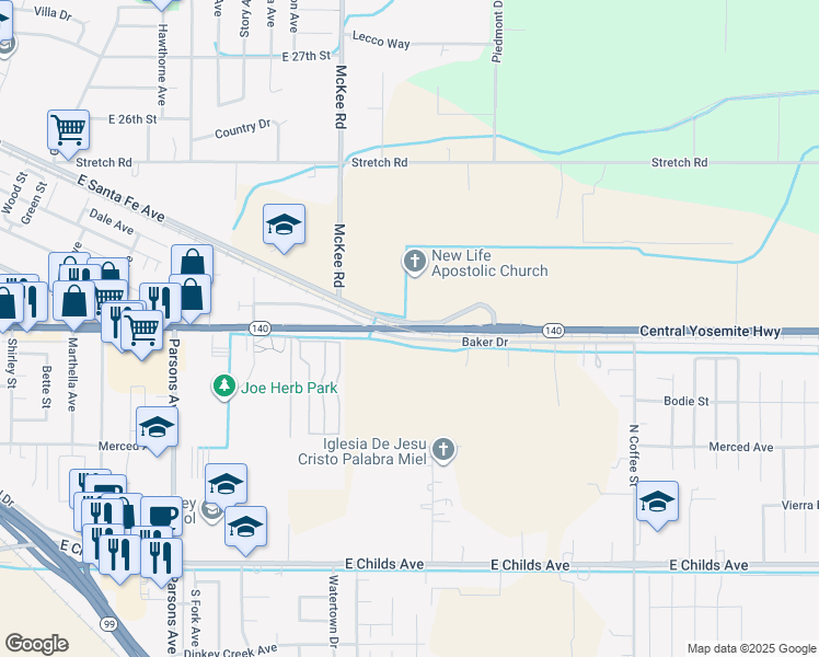 map of restaurants, bars, coffee shops, grocery stores, and more near Central Yosemite Highway in Merced