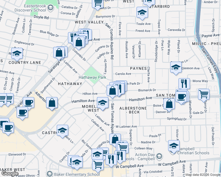 map of restaurants, bars, coffee shops, grocery stores, and more near 411 San Tomas Aquino Road in San Jose