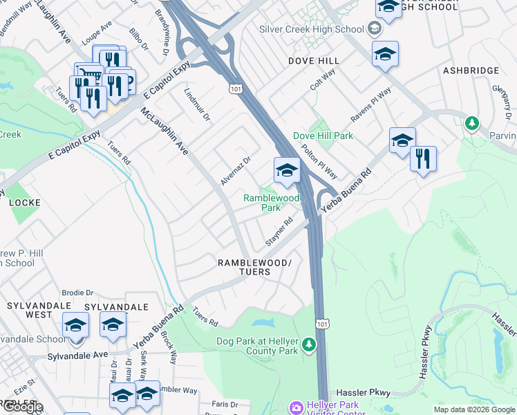 map of restaurants, bars, coffee shops, grocery stores, and more near 3872 Tiverton Drive in San Jose