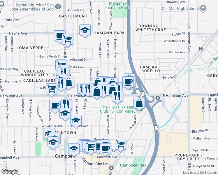 map of restaurants, bars, coffee shops, grocery stores, and more near North Central Avenue in Campbell