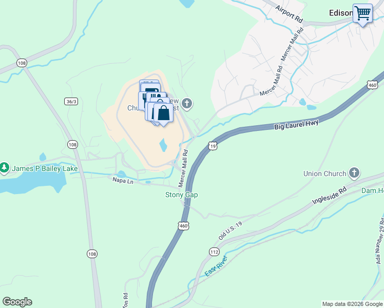 map of restaurants, bars, coffee shops, grocery stores, and more near 368 Mercer Mall Road in Bluefield