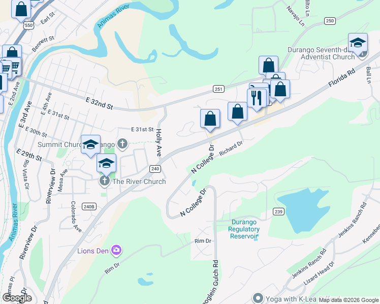 map of restaurants, bars, coffee shops, grocery stores, and more near 2609-2699 N College Dr in Durango