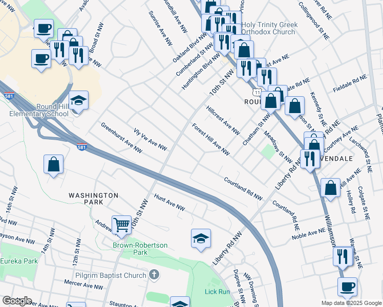 map of restaurants, bars, coffee shops, grocery stores, and more near 3219 Courtland Road Northwest in Roanoke