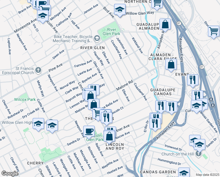 map of restaurants, bars, coffee shops, grocery stores, and more near 2036 Glen Una Avenue in San Jose