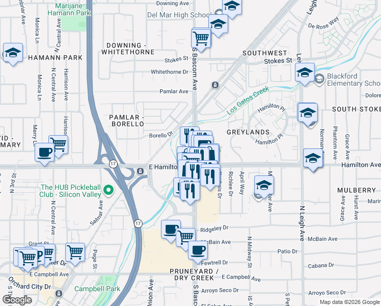 map of restaurants, bars, coffee shops, grocery stores, and more near 1555 South Bascom Avenue in Campbell