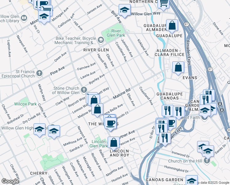 map of restaurants, bars, coffee shops, grocery stores, and more near 2036 Glen Una Avenue in San Jose