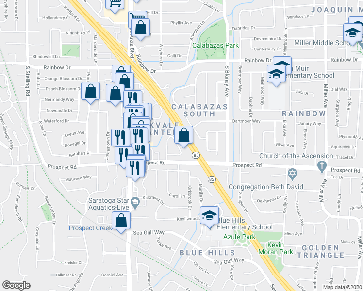 map of restaurants, bars, coffee shops, grocery stores, and more near 1559 Brookvale Drive in San Jose