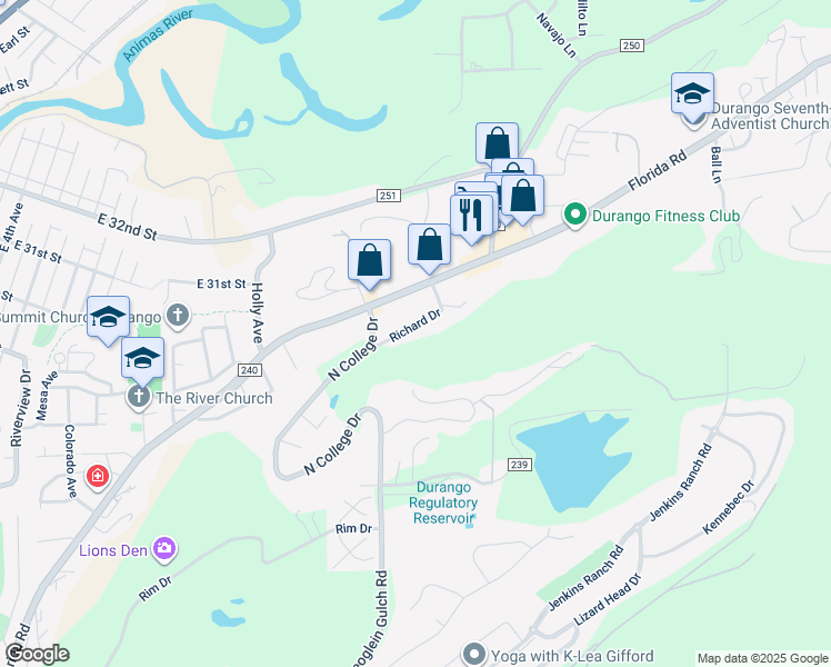 map of restaurants, bars, coffee shops, grocery stores, and more near 2906 Richard Drive in Durango