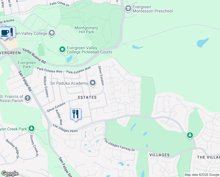 map of restaurants, bars, coffee shops, grocery stores, and more near 5493 Cribari Bend in San Jose