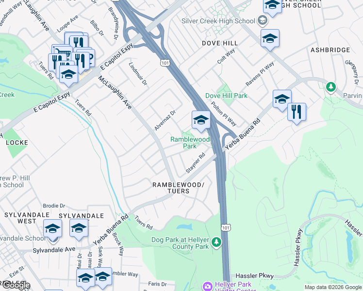 map of restaurants, bars, coffee shops, grocery stores, and more near 3872 Tiverton Drive in San Jose