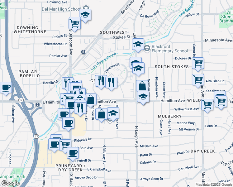 map of restaurants, bars, coffee shops, grocery stores, and more near 1682 East Hamilton Avenue in San Jose