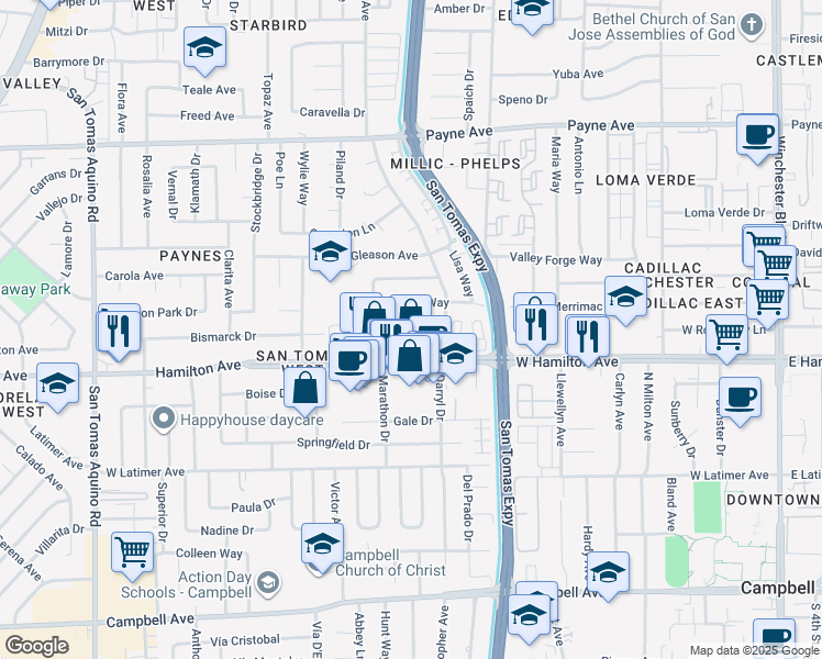 map of restaurants, bars, coffee shops, grocery stores, and more near 891 West Hamilton Avenue in Campbell