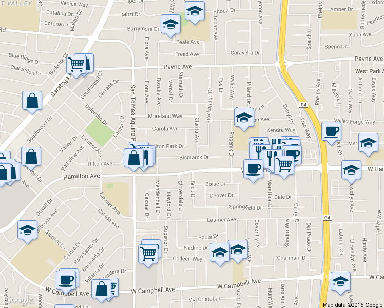map of restaurants, bars, coffee shops, grocery stores, and more near 3979 Hamilton Avenue in San Jose