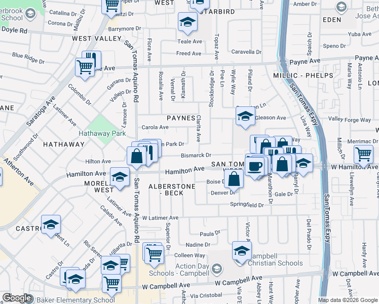map of restaurants, bars, coffee shops, grocery stores, and more near 3979 Hamilton Avenue in San Jose