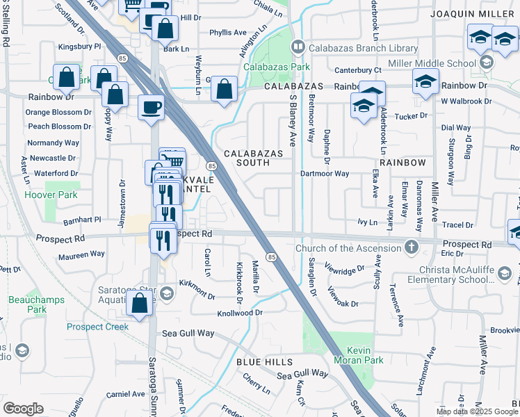 map of restaurants, bars, coffee shops, grocery stores, and more near 20181 Prospect Road in San Jose