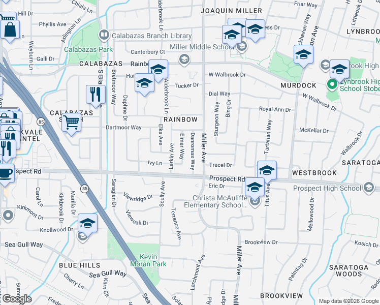 map of restaurants, bars, coffee shops, grocery stores, and more near 1645 Danromas Way in San Jose