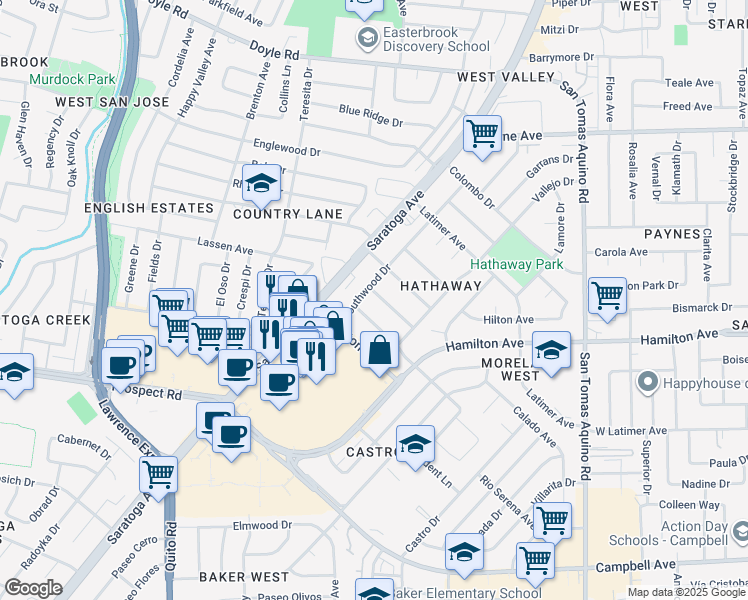 map of restaurants, bars, coffee shops, grocery stores, and more near 4764 Parkwest Drive in San Jose