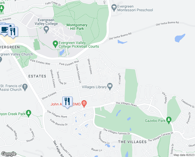 map of restaurants, bars, coffee shops, grocery stores, and more near 5493 Cribari Bend in San Jose