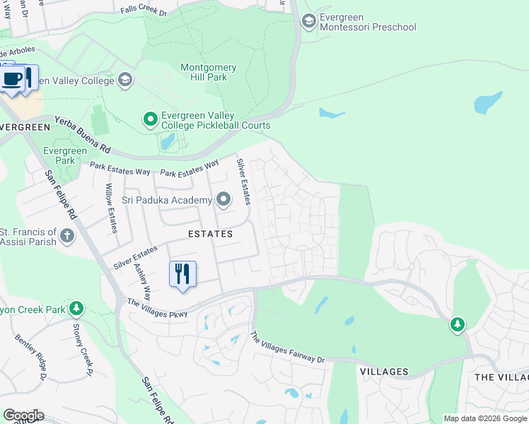 map of restaurants, bars, coffee shops, grocery stores, and more near 5493 Cribari Bend in San Jose
