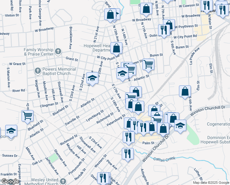 map of restaurants, bars, coffee shops, grocery stores, and more near 314 South 17th Avenue in Hopewell