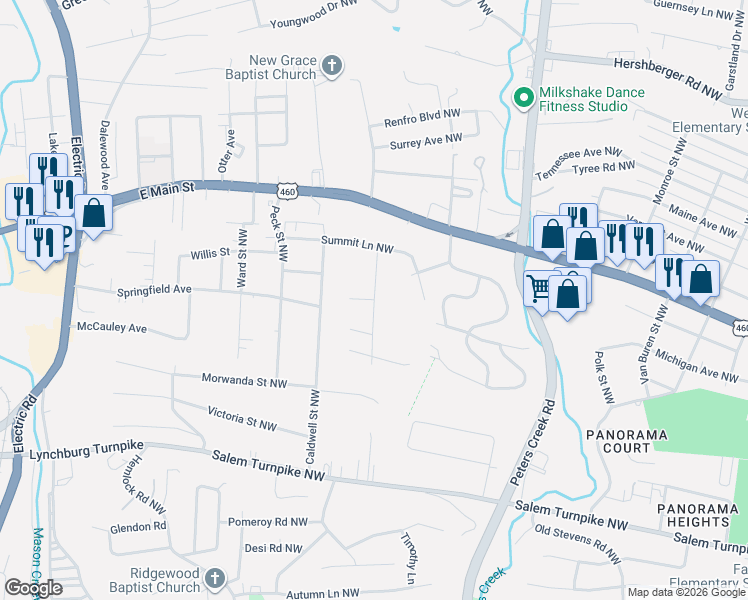 map of restaurants, bars, coffee shops, grocery stores, and more near Mountain Road Northwest in Roanoke