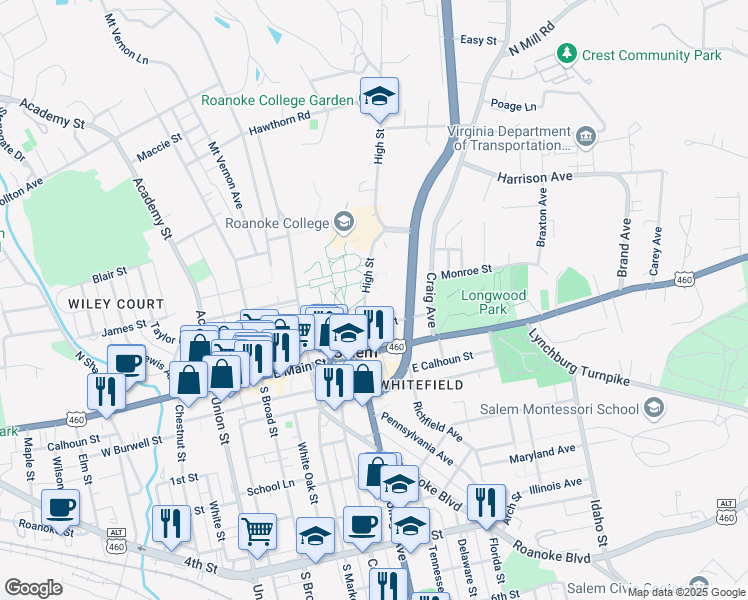 map of restaurants, bars, coffee shops, grocery stores, and more near 202 High Street in Salem